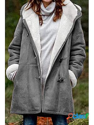 Fashion solid color casual hooded jacket plus fleece mid-length coat