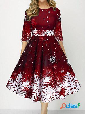 Fashion vintage christmas snowflake print midi dress