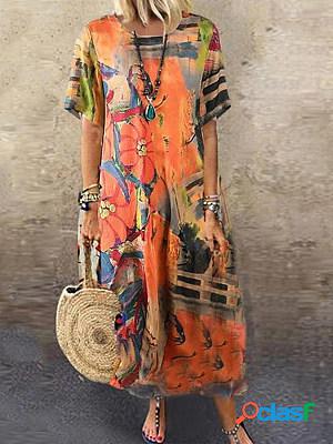 Loose vintage print crew neck short sleeve maxi dress