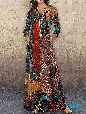 Round neck casual loose printed long sleeve maxi dress