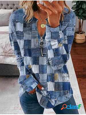 Round neck zipper casual loose plaid print sweatshirt