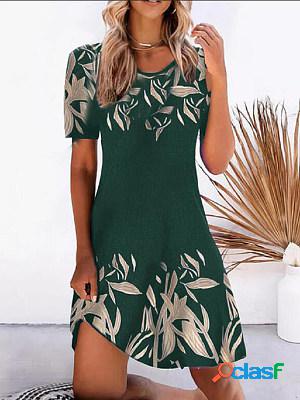 Short sleeves floral printed crew neck short dress