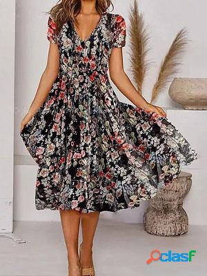 V-neck Casual Loose Floral Print Resort Short Sleeve Midi Dress