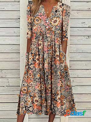 V-neck casual loose floral print summer short sleeve midi dress