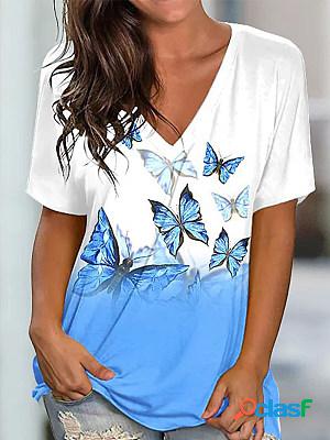 Women casual butterfly printed short sleeves v-neck t-shirt