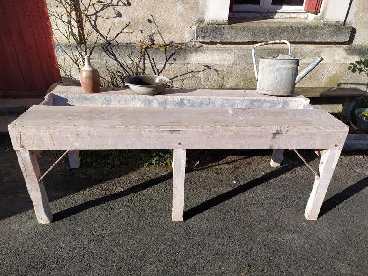 ancienne grande table à laver lavoir bois et bac en zinc