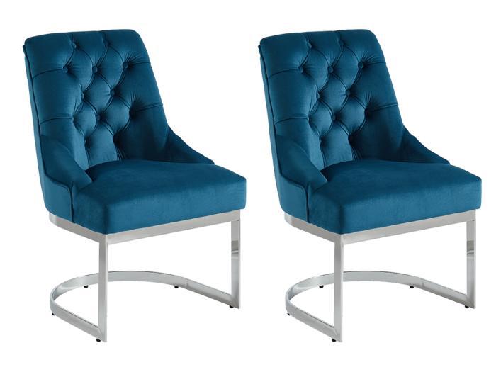 Lot de 2 chaises en velours et acier inoxydable - bleu -