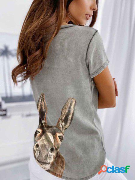 Blouses & tops gris imprimés danimal à manches courtes et à col v en coton Blouses & tops gris imprimés danimal à manches courtes et à col v en coton