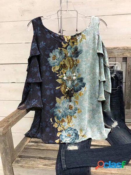 Blouses & tops trapèzes décontractés floraux en bloc de couleur Blouses & tops trapèzes décontractés floraux en bloc de couleur