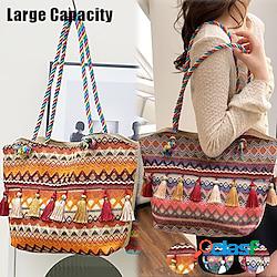 Femme fourre-tout sac dépaule sac hobo sac de paille polyester vacances plage gland fermeture grande capacité respirable poids léger bloc de couleur mosaïque folk rouge bleu orange lightinth