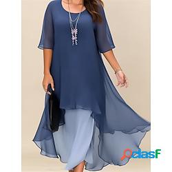 Grande taille robe casual robe de travail robe de mousseline femme robe longue plein demi manches multirang plus haut bas col ras du cou elégant extérieur bleu eté printemps l xl xxl 3xl 4xl 