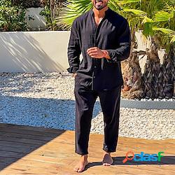 Homme Chemise 2 Pièces Ensemble chemises Ensemble été Noir Bleu manche longue Plein Mao Printemps été Hawaïen Vacances Vêtement Tenue Basique Lightinthebox