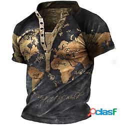 Homme t shirt tee chemise henley shirt tee graphic carte henley jaune vert claire noir / brun marron 3d effet grande taille extérieur du quotidien manche courte bouton bas imprimer vêtement t