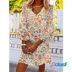 Mini robe femme robe casual manches 3/4 eté printemps - vacances mode décontractées a volants patchwork floral géométrique manches evasées col v robe automne ceinture non incluse ample 2023 o