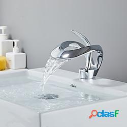 Mitigeur de lavabo de salle de bain noir bec cascade, robinets de lavabo en laiton monocommande robinet de salle de bain monotrou avec interrupteur chaud et froid chrome gris doré lightintheb