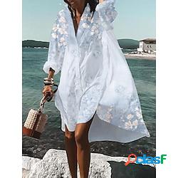 Robe chemise Robe casual Femme Mini robe Extérieur du quotidien Vacances Polyester Mode Décontractées Col de Chemise Bouton Imprimer manche longue Eté Printemps Automne 2023 Ample Blanche Ble