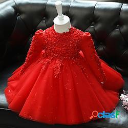 Robe Fille Robe Trapèze Enfants Petit Couleur Pleine Fleur Soirée Occasion spéciale Anniversaire Maille Rouge Blanche Polyester Maxi manche longue Princesse Doux Robes Automne Printemps Stand