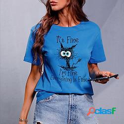 T shirt Tee Femme Blanche Rose Claire Vin Chat Lettre Imprimer Manche Courte du quotidien Fin de semaine basique Col Rond Normal Coton Standard Chat Peinture S miniinthebox