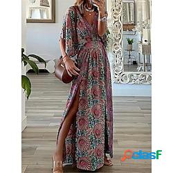 Tenue décontractée robe ethnique robe évasée femme floral tribal fendu imprimer col v rétro vintage ethnique extérieur plein air demi manches ample jaune rouge bleu eté printemps s m l xl xxl