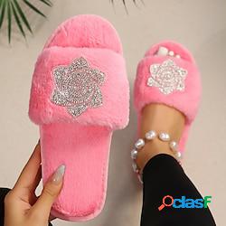 Femme Chaussons Pantoufles floues Rose du quotidien Hiver Talon Plat Bout ouvert Décontractées Confort Polyester Mocassins Couleur unie Noir Rose Rouge Lightinthebox