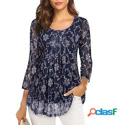 Femme Chemise Chemisier bleu marine Bleu Roi Bleu Floral Imprimer manche longue Casual Vacances basique Col Rond Fleur Lightinthebox