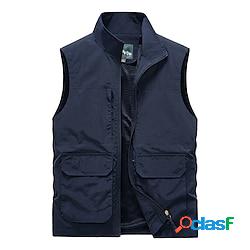 Homme gilet gilet de pêche casual quotidien moderne contemporain toutes les saisons poche zippée multi poche chinlon extérieur couleur unie / unie fermeture éclair col mao coupe standard noir