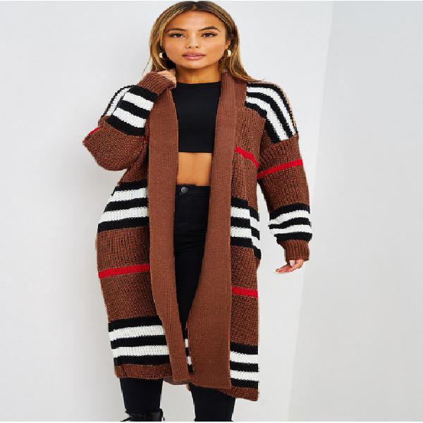 gilet long marron en mailles b'/xc3/xa0' bandes