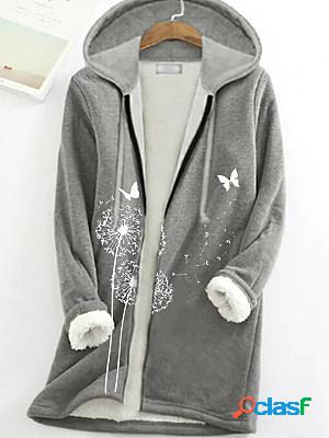 Casual dandelion print plush thermal hooded long sleeve jacket