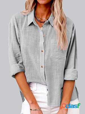 Casual solid color lapel pocket long sleeve shirt