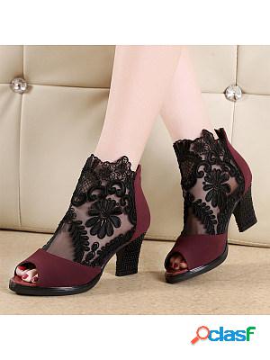 Chunky High Heeled Lace Velvet Peep Toe Date Peep-Toe Heels