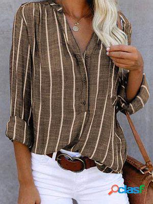 Cotton and linen striped printed long-sleeved blouse