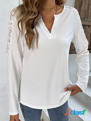 Long Sleeves Lace Paneled V Neck Solid T-shirts