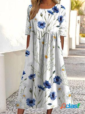 Round neck casual loose floral print short sleeve midi dress