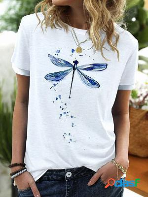 Round neck dragonfly print short-sleeved loose t-shirt