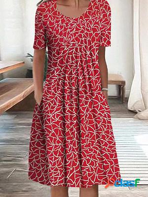 Round Neck Short Sleeves Printed Pockets Midi Dress