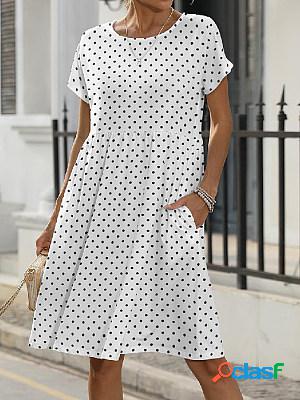 Short Sleeve Round Neck Pocket Polka Dot Short Dress