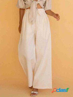 Solid Color Elastic Waist Wide-Leg Pants