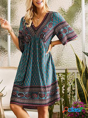 V Neck Short Sleeves Printed Short Dress