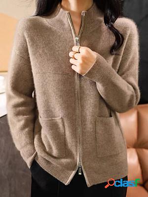 Womens Casual Pocket Zipper Knitted Cardigan Loose Sweater