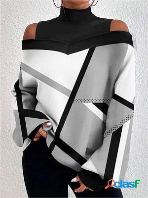 Womens Geometric Print Off Shoulder Balloon Sleeve Long Sleeve Top