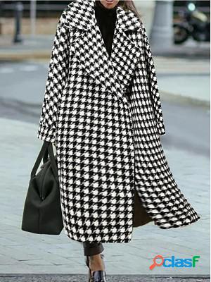 Women&#39;s retro houndstooth coat black and white long loose cotton coat retro plaid woolen coat