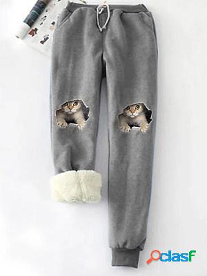 Casual cat print plush track pants