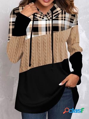 Casual check panel hooded long sleeve sweatshirt