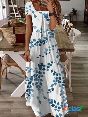 Casual Leaf Print Square Collar Short Sleeve Maxi Dress