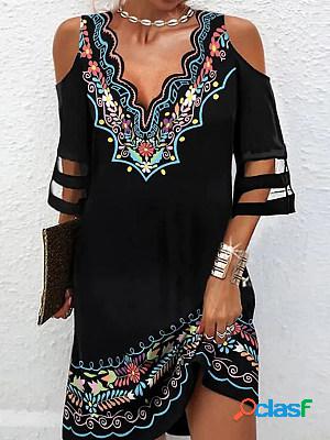 Fashion casual patchwork wave v neck off shoulder ethnic print short sleeve short dress