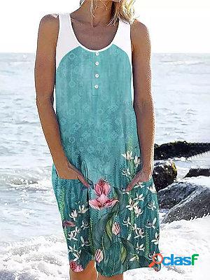 Fashion printed button sleeveless beach short dress