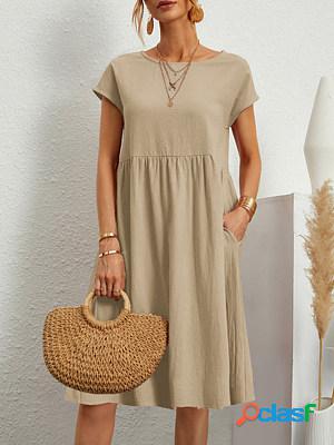 Summer cotton and linen solid color round neck dress