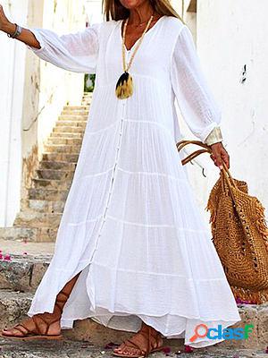 V-neck casual loose solid color vacation long sleeve maxi dress