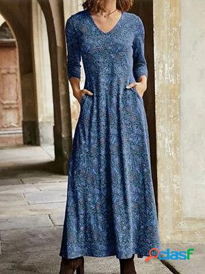 V-neck cotton print pocket long dress