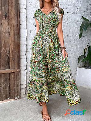 V neck short sleeves printed maxi dress